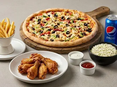 Combo #8 — Pizza Large + 20 ailes ou 25 croquettes + 4 canettes de Pepsi